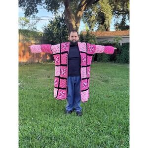 Handmade Crochet Granny Square Duster Cardigan Pink Black Oversized Boho 50"